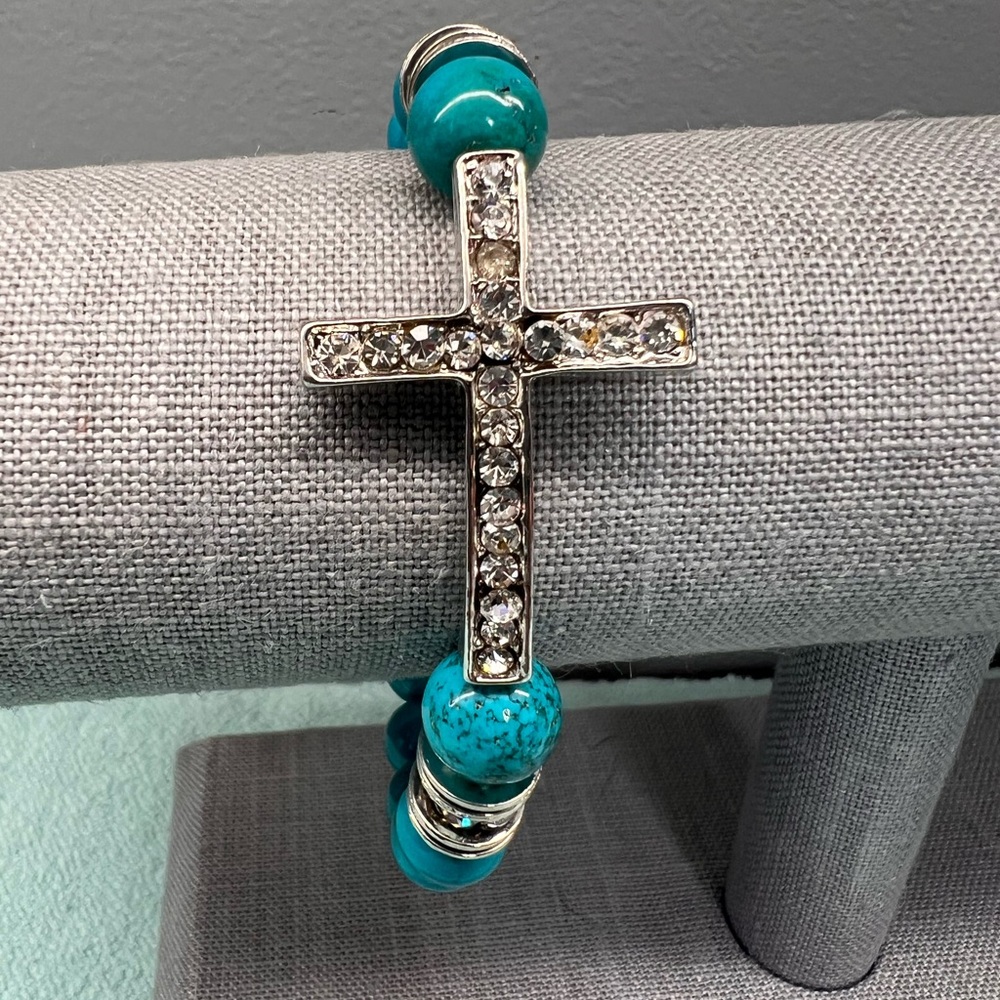 Turquoise Gemstone and Silver Zirconia Crystal Cross Bracelet